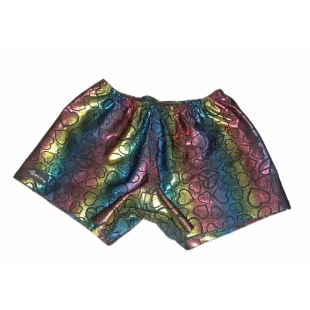skinz metallic rainbow heart print compression shorts child size large